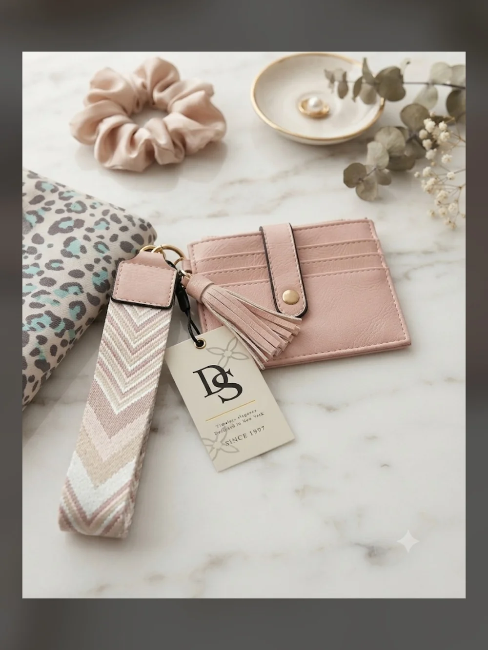 Soft Pink Leather Card Sleeve with Tassel and Wrist Strap